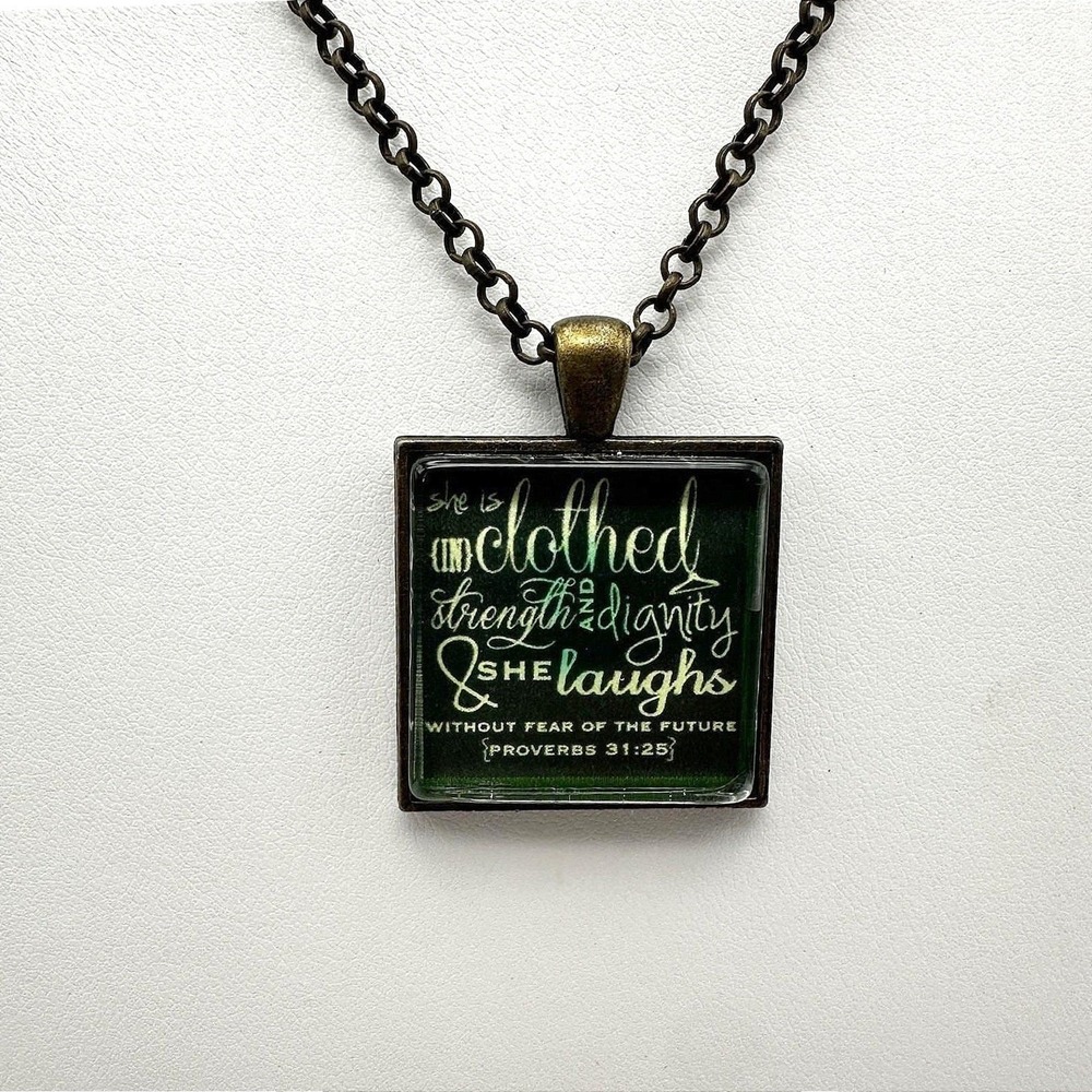 Vintage 90s Proverbs 31:25 Square Glass Pendant Necklace Bronze Tone Faith 80s